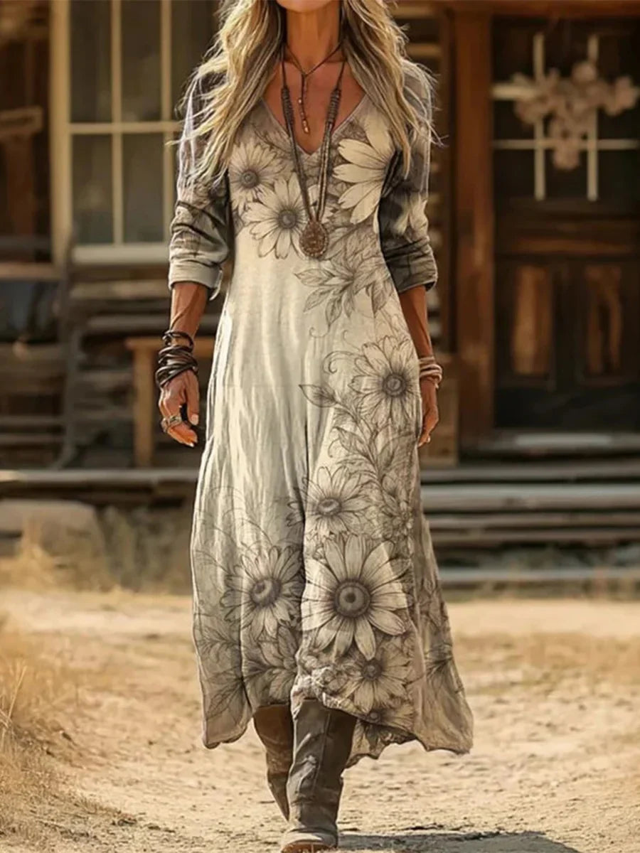 Vintage Floral Print V-neck Long Sleeve Dress