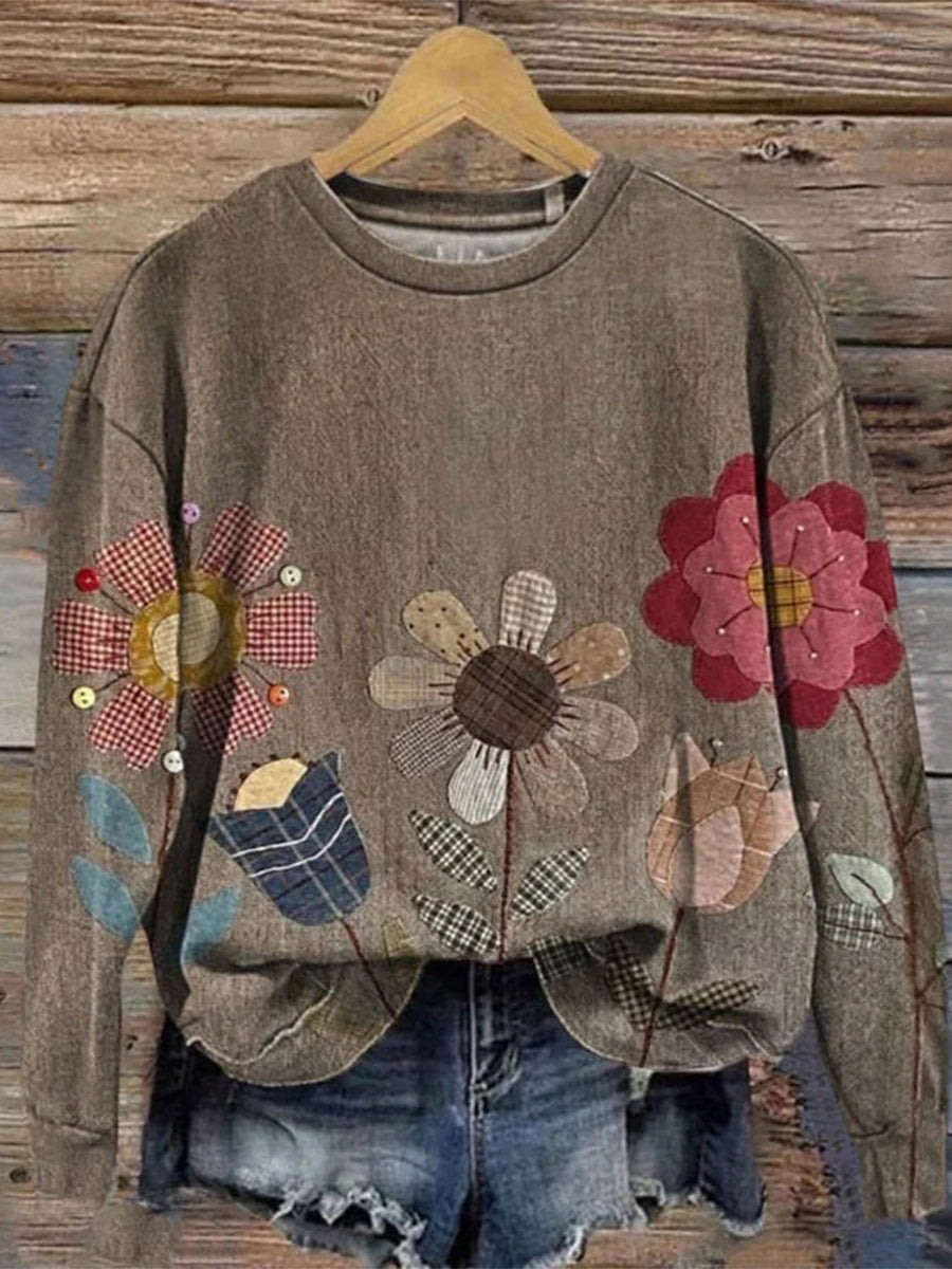 Vintage Floral Print Round Neck Long Sleeve Sweatshirt