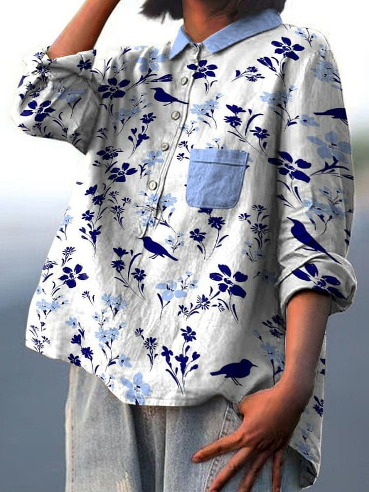 Decorative Pattern of Flowers and Birds In Blue Tones Casual Cotton And Linen Shirt