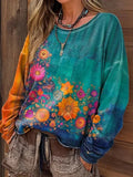 Vintage Floral Print Round Neck Long Sleeve T-Shirt