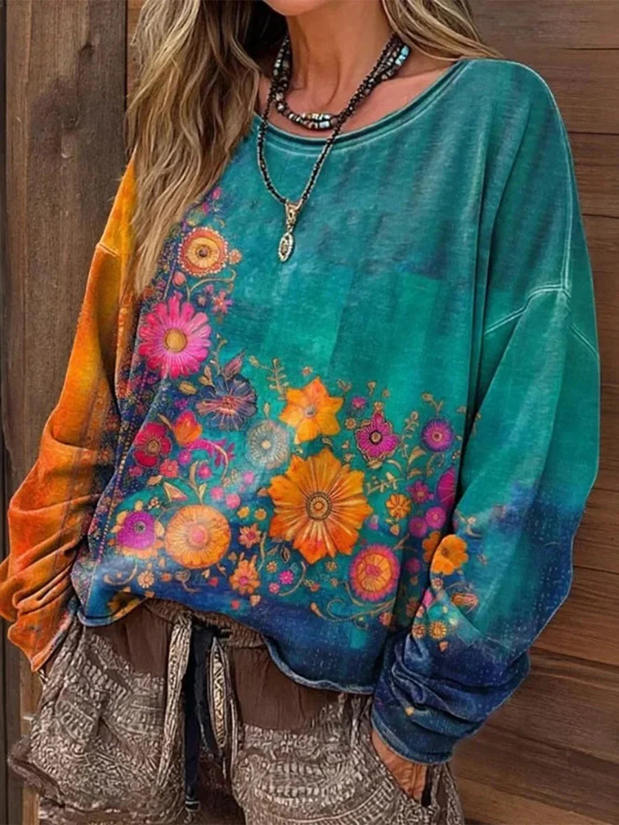 Vintage Floral Print Round Neck Long Sleeve T-Shirt