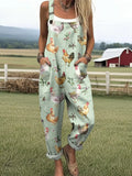 Women's Farm Chicken And Floral Pattern Casual Cotton Linen Wide Leg Jumpsuit RJ033