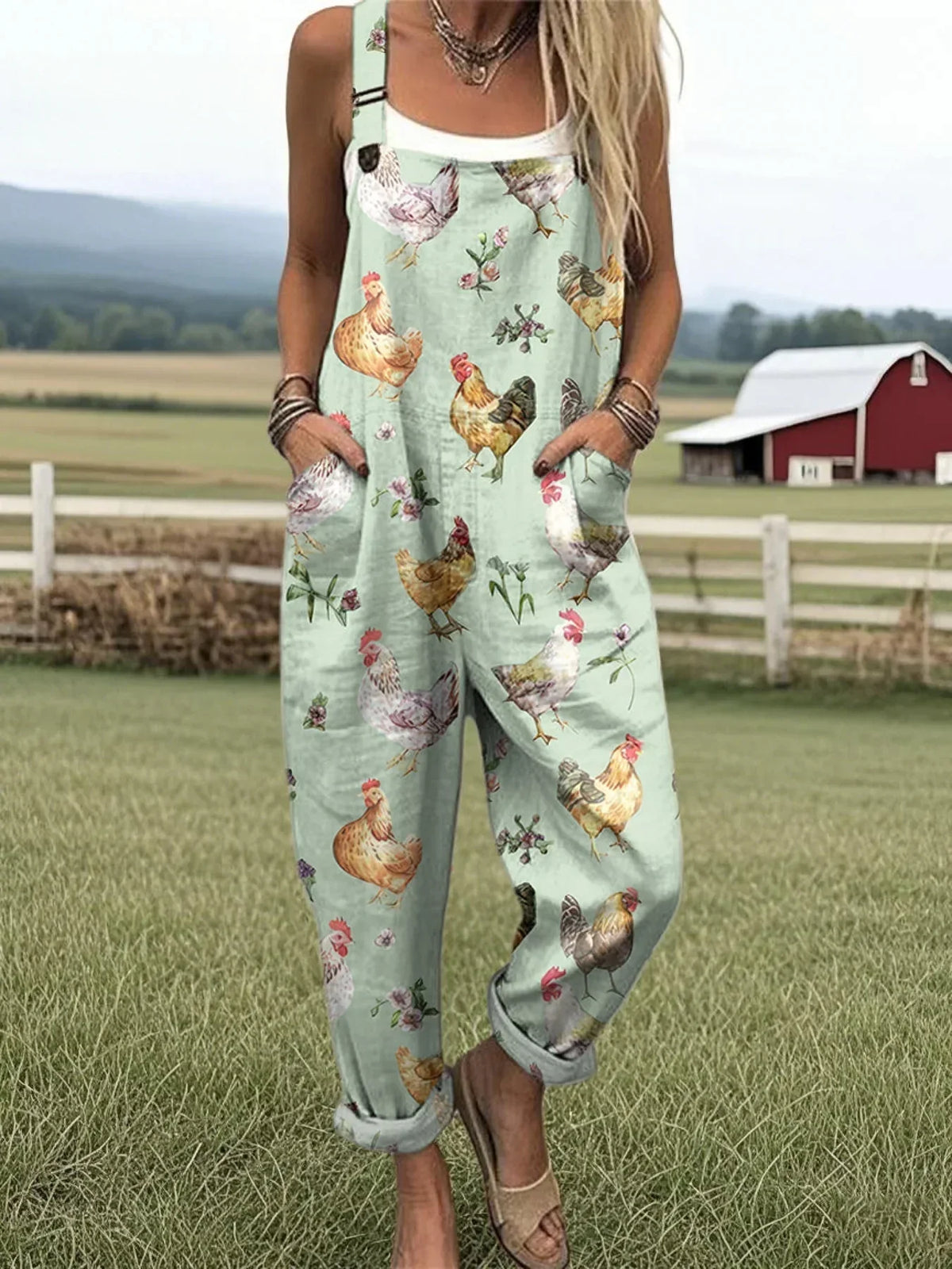 Women's Farm Chicken And Floral Pattern Casual Cotton Linen Wide Leg Jumpsuit RJ033