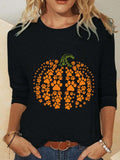 Halloween Crew Neck Long Sleeve Pumpkin Print Blouse