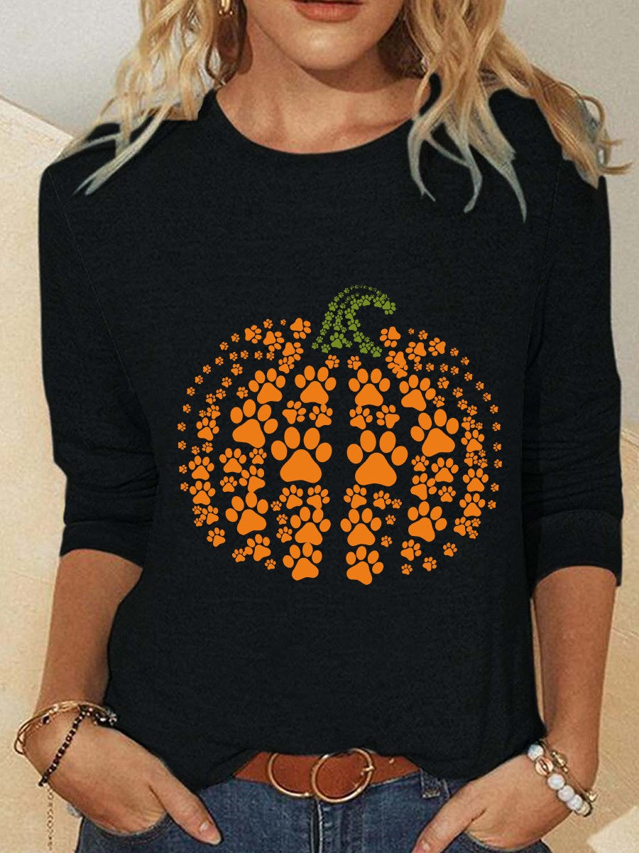 Halloween Crew Neck Long Sleeve Pumpkin Print Blouse