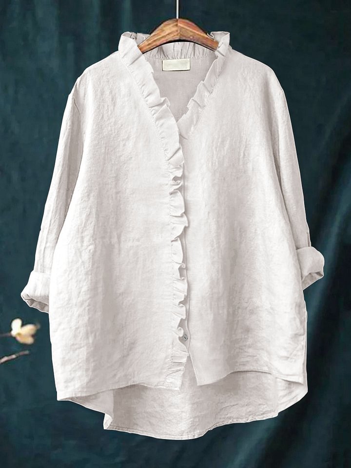 Women's Casual Cotton And Linen Ruffle Shirt RB146