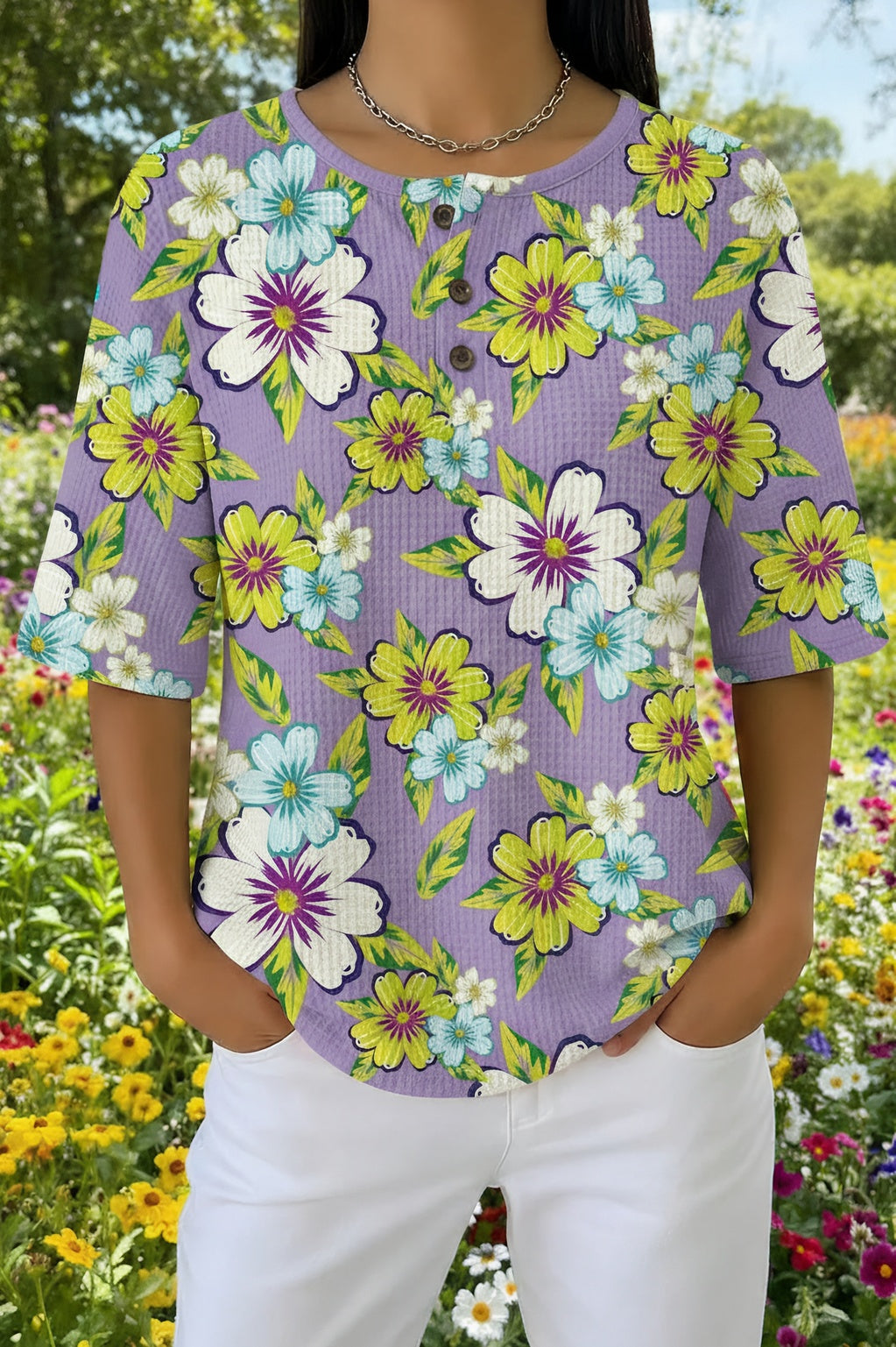 Womens Light Purple Floral Print Casual Shirt