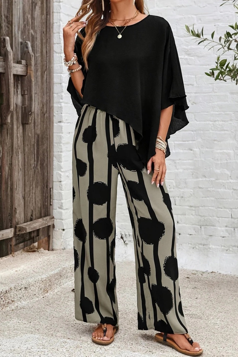 Asymmetric Hemmed Shirt And Striped Pants Two Piece Set