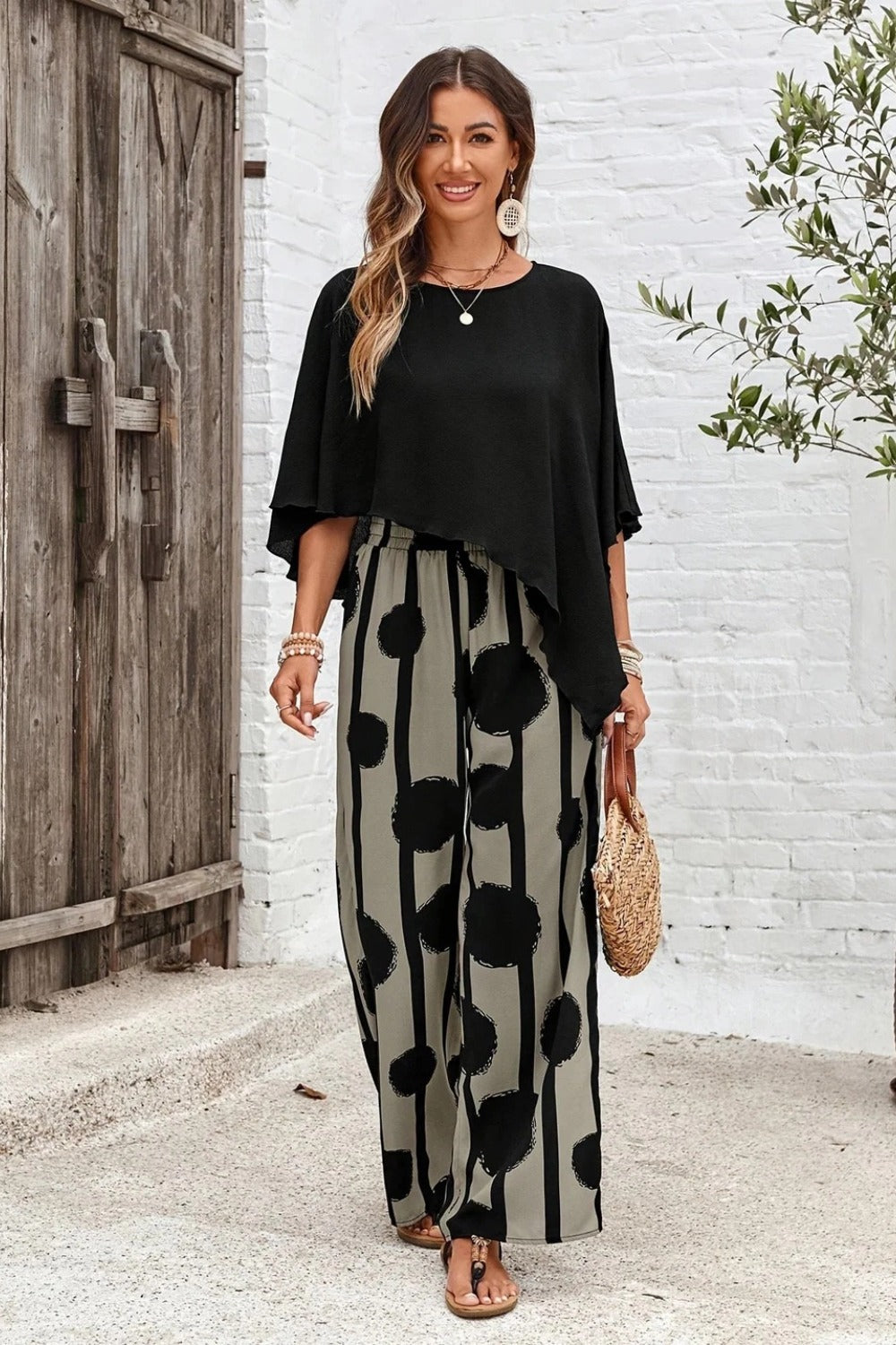 Asymmetric Hemmed Shirt And Striped Pants Two Piece Set