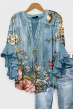 Women's Multicolor Floral Casual V-Neck 3/4 Sleeve Blue Blouse