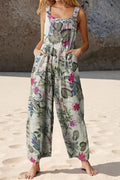 Women's Casual Patchwork Dual Pocket Loose White Floral Print Bohemian Jumpsuit