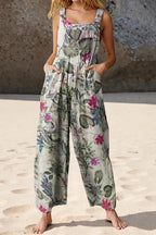 Women's Casual Patchwork Dual Pocket Loose White Floral Print Bohemian Jumpsuit