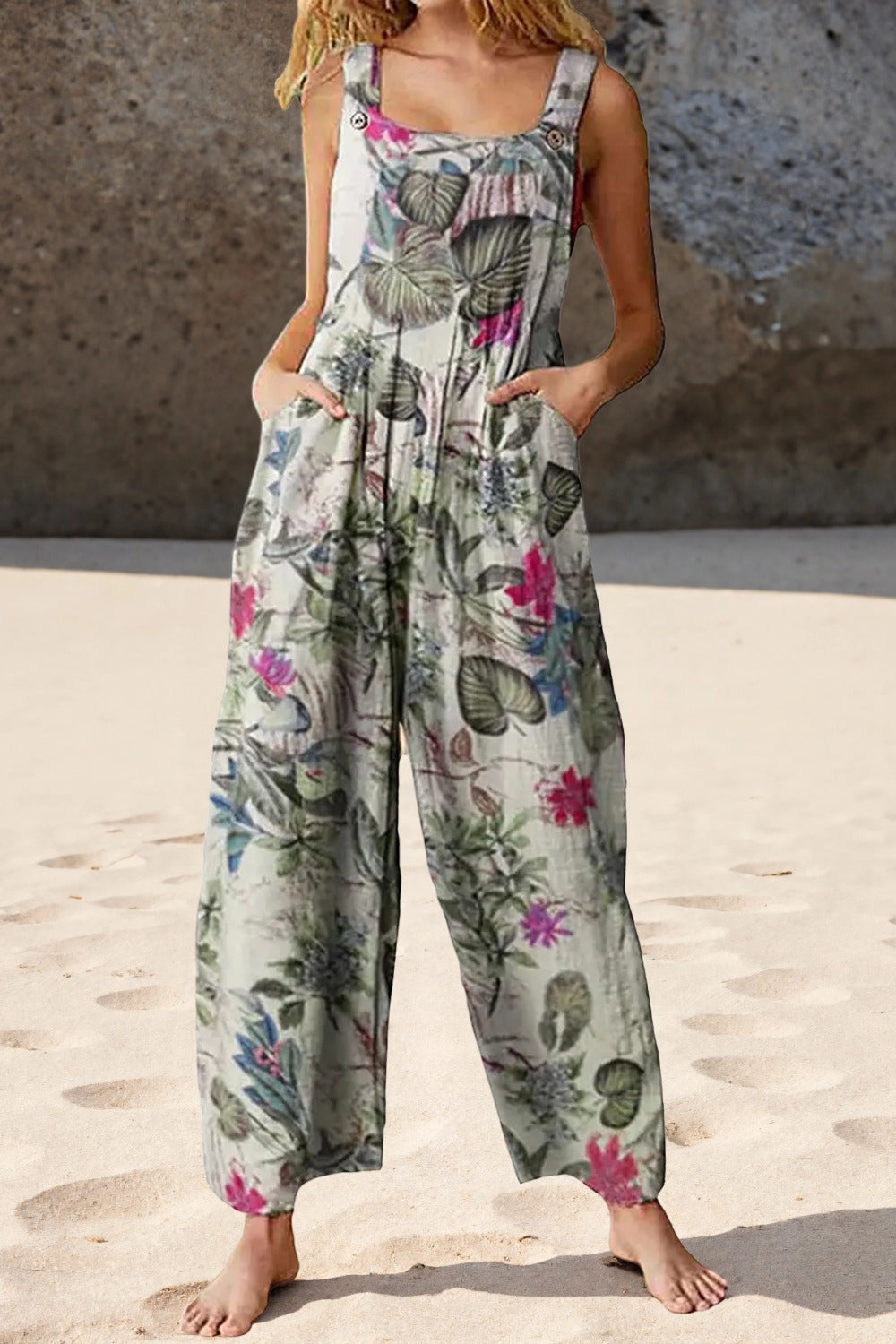 Women's Casual Patchwork Dual Pocket Loose White Floral Print Bohemian Jumpsuit