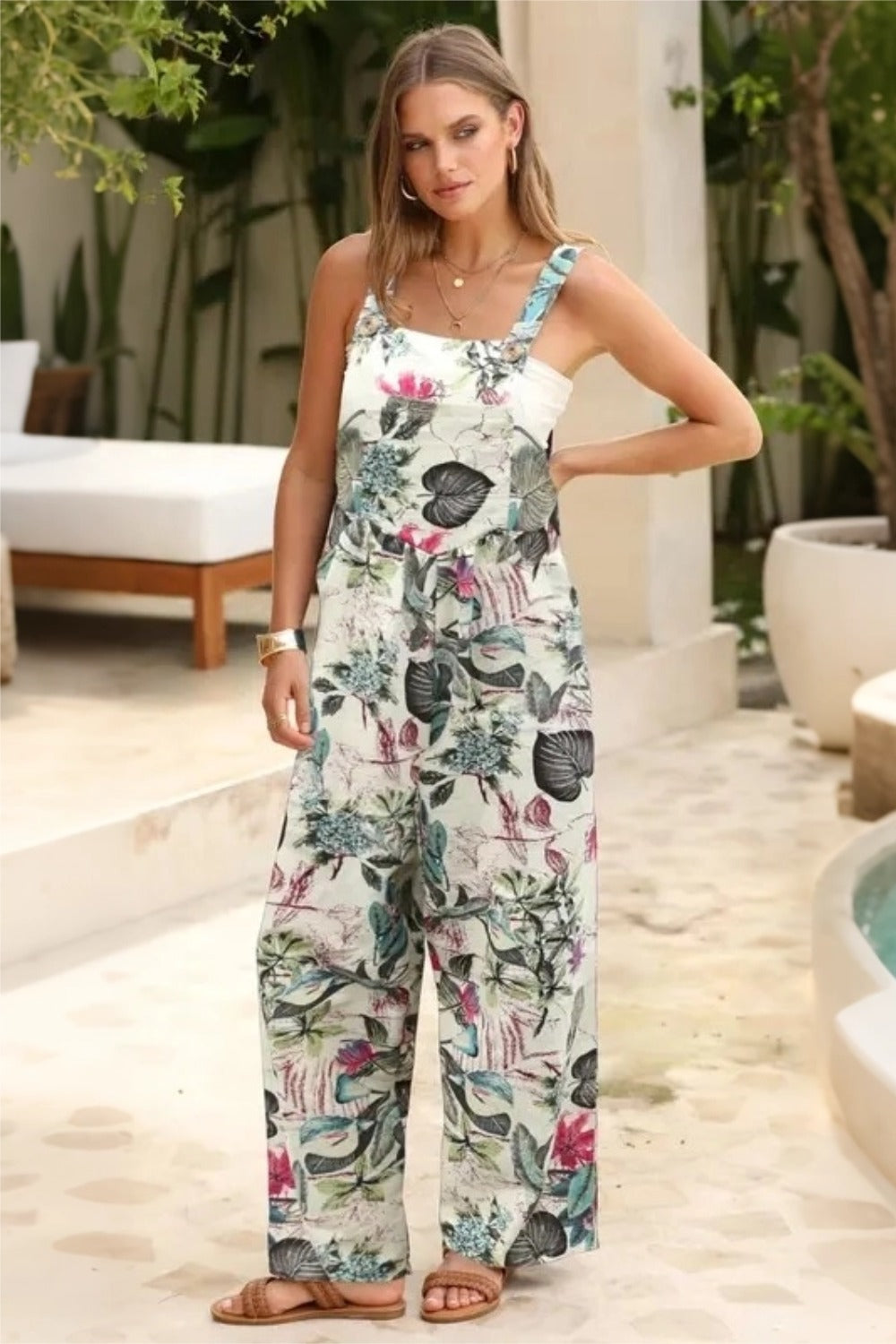 Women's Casual Patchwork Dual Pocket Loose White Floral Print Bohemian Jumpsuit
