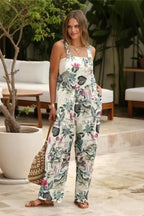 Women's Casual Patchwork Dual Pocket Loose White Floral Print Bohemian Jumpsuit