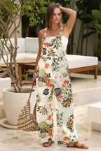 Women's Casual Patchwork Dual Pocket Loose Yellow Floral Print Bohemian Jumpsuit
