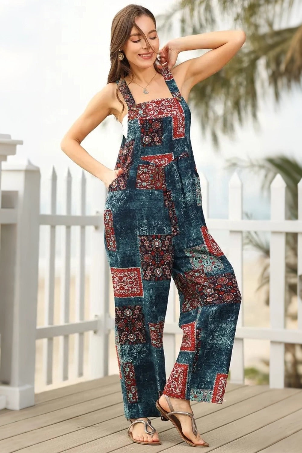 Women's Casual Patchwork Dual Pocket Loose TealBlue Floral Print Bohemian Jumpsuit