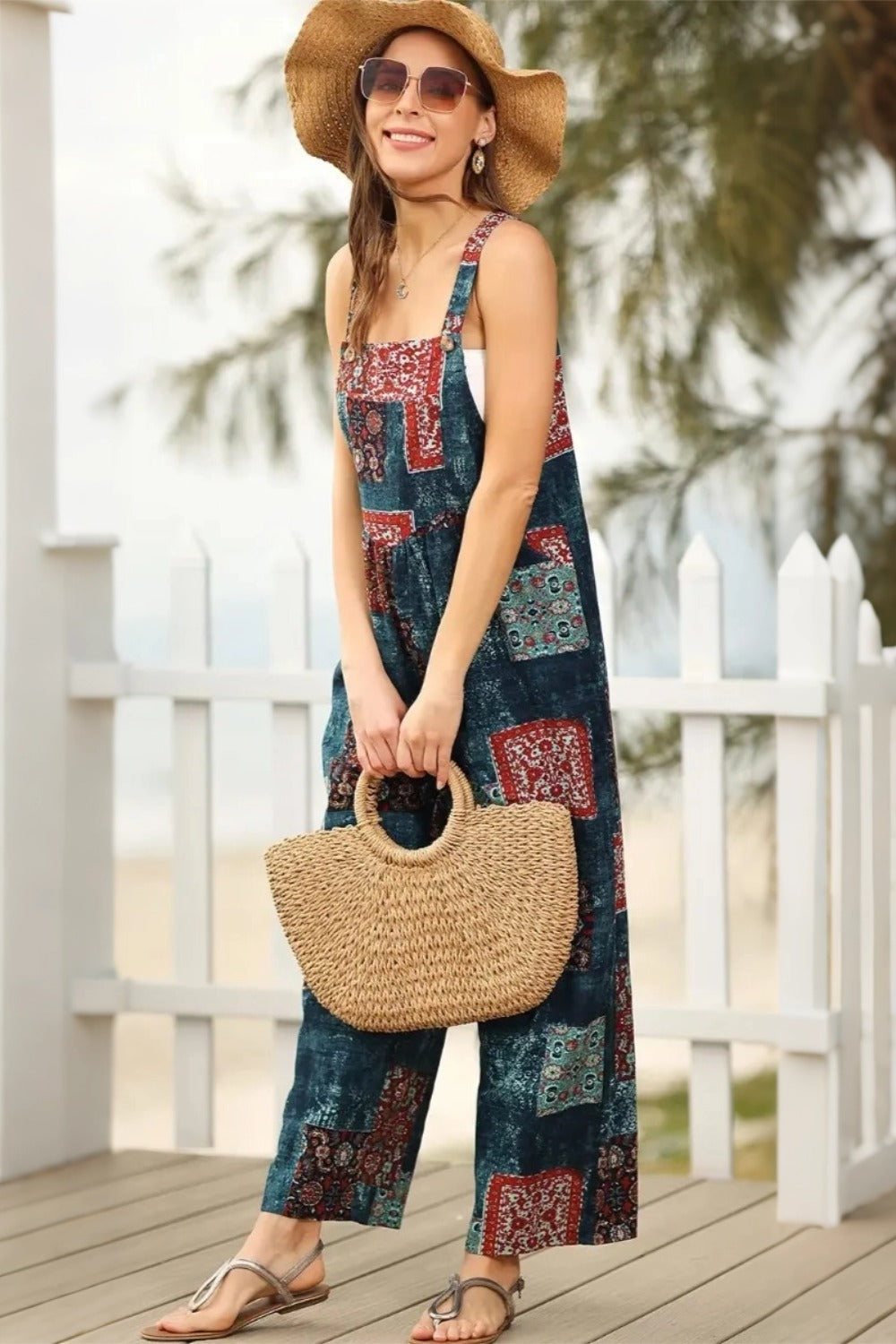 Women's Casual Patchwork Dual Pocket Loose TealBlue Floral Print Bohemian Jumpsuit