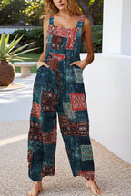 Women's Casual Patchwork Dual Pocket Loose TealBlue Floral Print Bohemian Jumpsuit