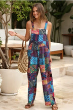 Women's Casual Patchwork Dual Pocket Loose Blue Floral Print Bohemian Jumpsuit