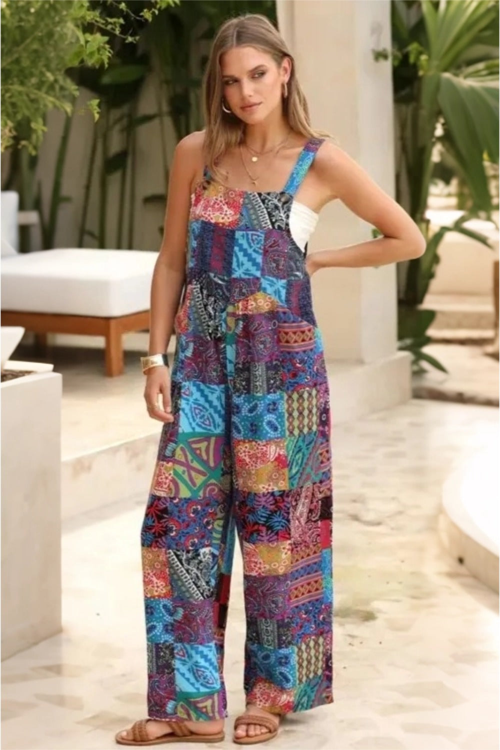 Women's Casual Patchwork Dual Pocket Loose Blue Floral Print Bohemian Jumpsuit