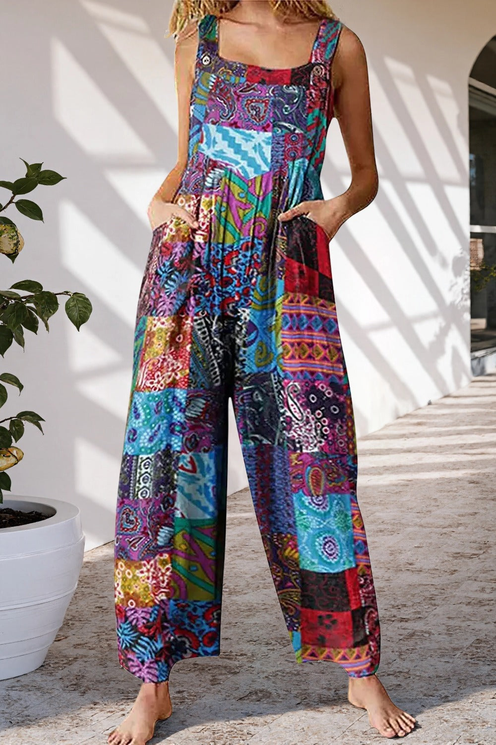 Women's Casual Patchwork Dual Pocket Loose Blue Floral Print Bohemian Jumpsuit
