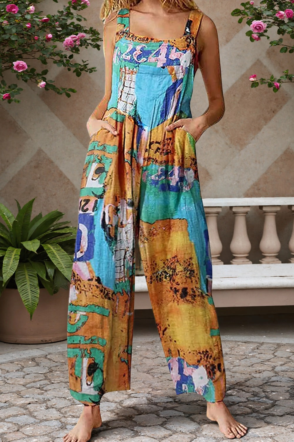 Women's Casual Patchwork Dual Pocket Loose Tan Floral Print Bohemian Jumpsuit