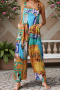 Women's Casual Patchwork Dual Pocket Loose Tan Floral Print Bohemian Jumpsuit