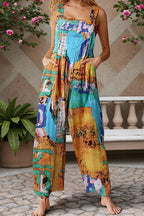 Women's Casual Patchwork Dual Pocket Loose Tan Floral Print Bohemian Jumpsuit