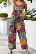 Women's Casual Patchwork Dual Pocket Loose Orange Floral Print Bohemian Jumpsuit
