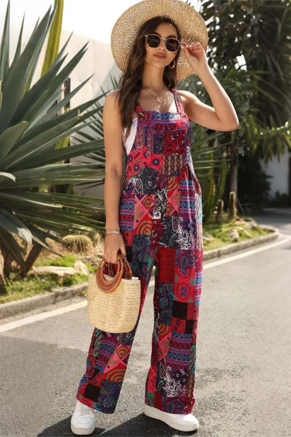 Women's Casual Patchwork Dual Pocket Loose Red Floral Print Bohemian Jumpsuit