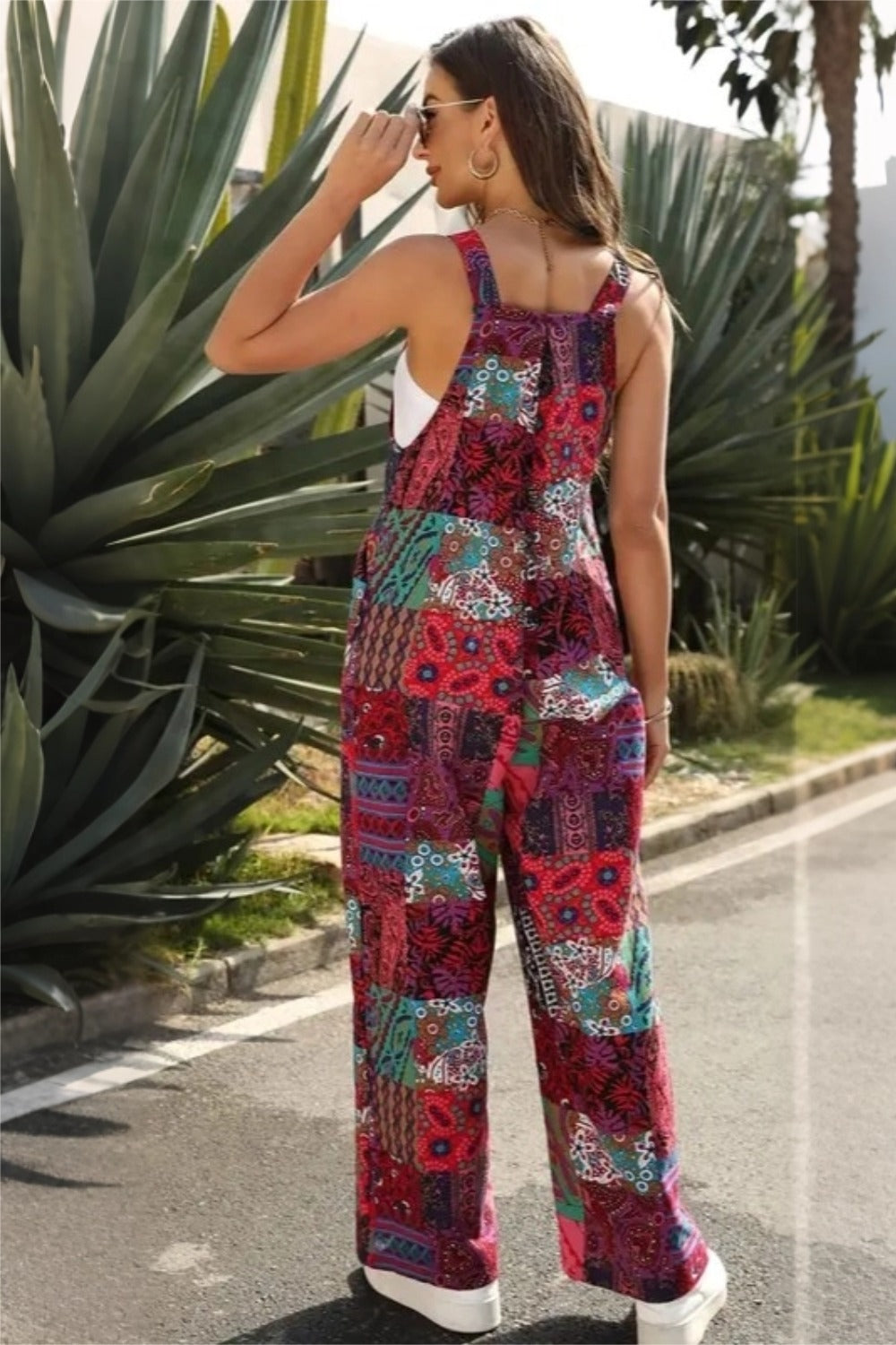 Women's Casual Patchwork Dual Pocket Loose Red Floral Print Bohemian Jumpsuit