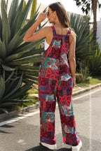 Women's Casual Patchwork Dual Pocket Loose Red Floral Print Bohemian Jumpsuit