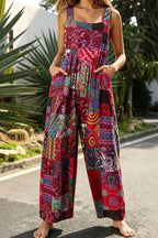 Women's Casual Patchwork Dual Pocket Loose Red Floral Print Bohemian Jumpsuit