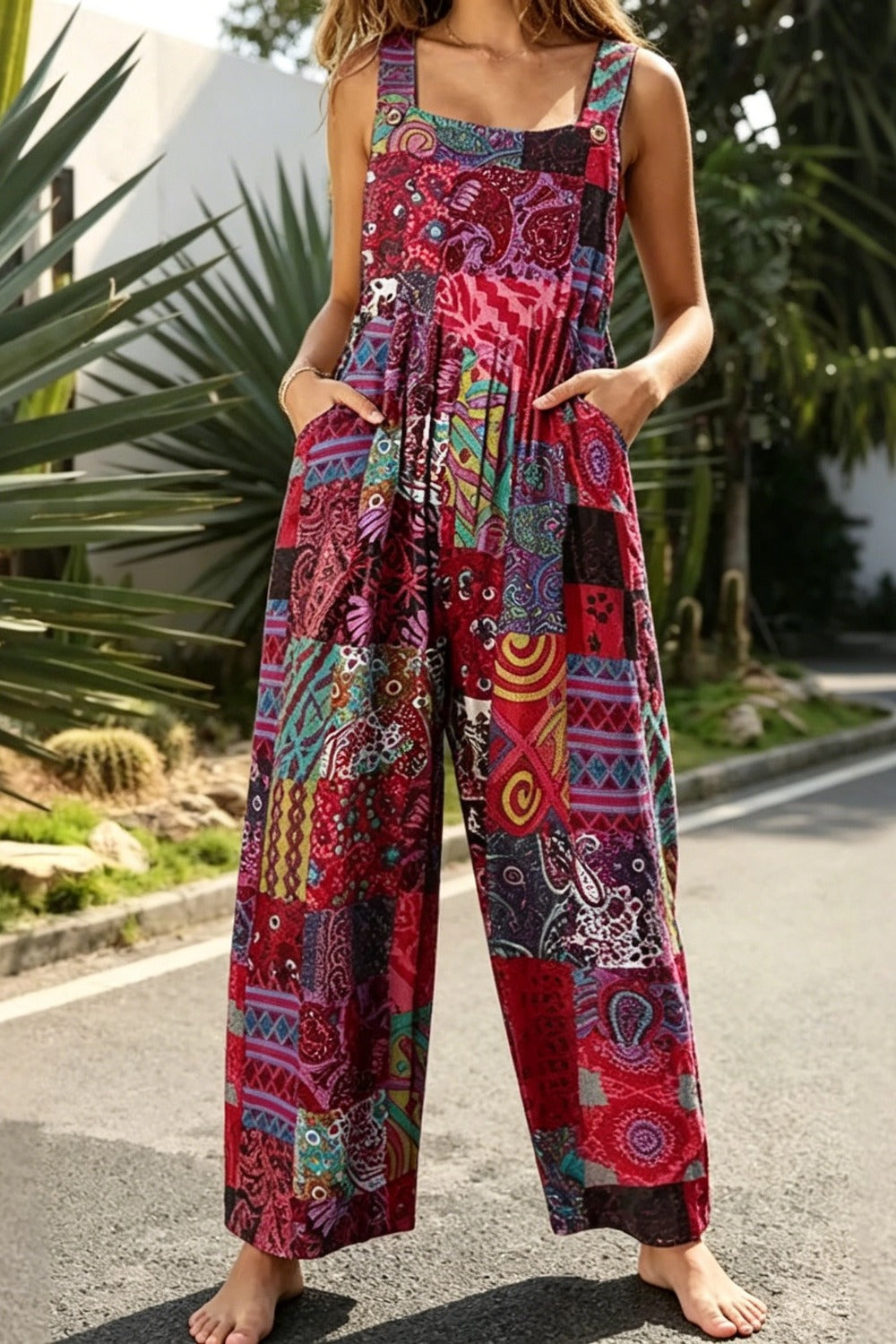 Women's Casual Patchwork Dual Pocket Loose Red Floral Print Bohemian Jumpsuit
