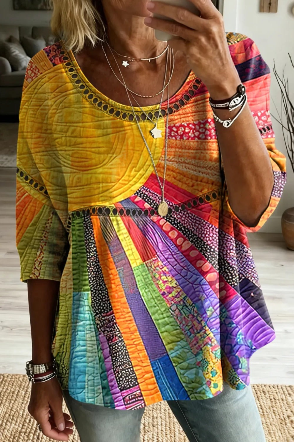 Women's Vintage Colorful Sun Collage Art Print Flowy Linen Blend Casual Tops
