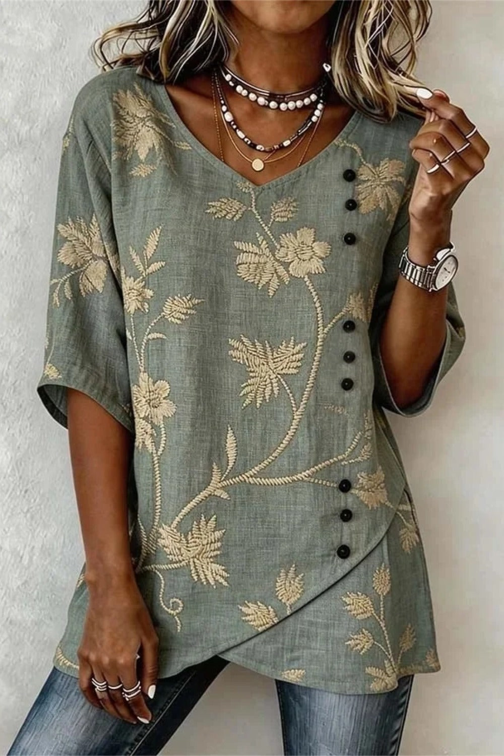 V Neck Short Sleeve Botanical Pattern Regular Loose Shirt For Women