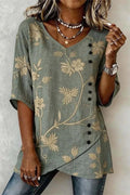 V Neck Short Sleeve Botanical Pattern Regular Loose Shirt For Women
