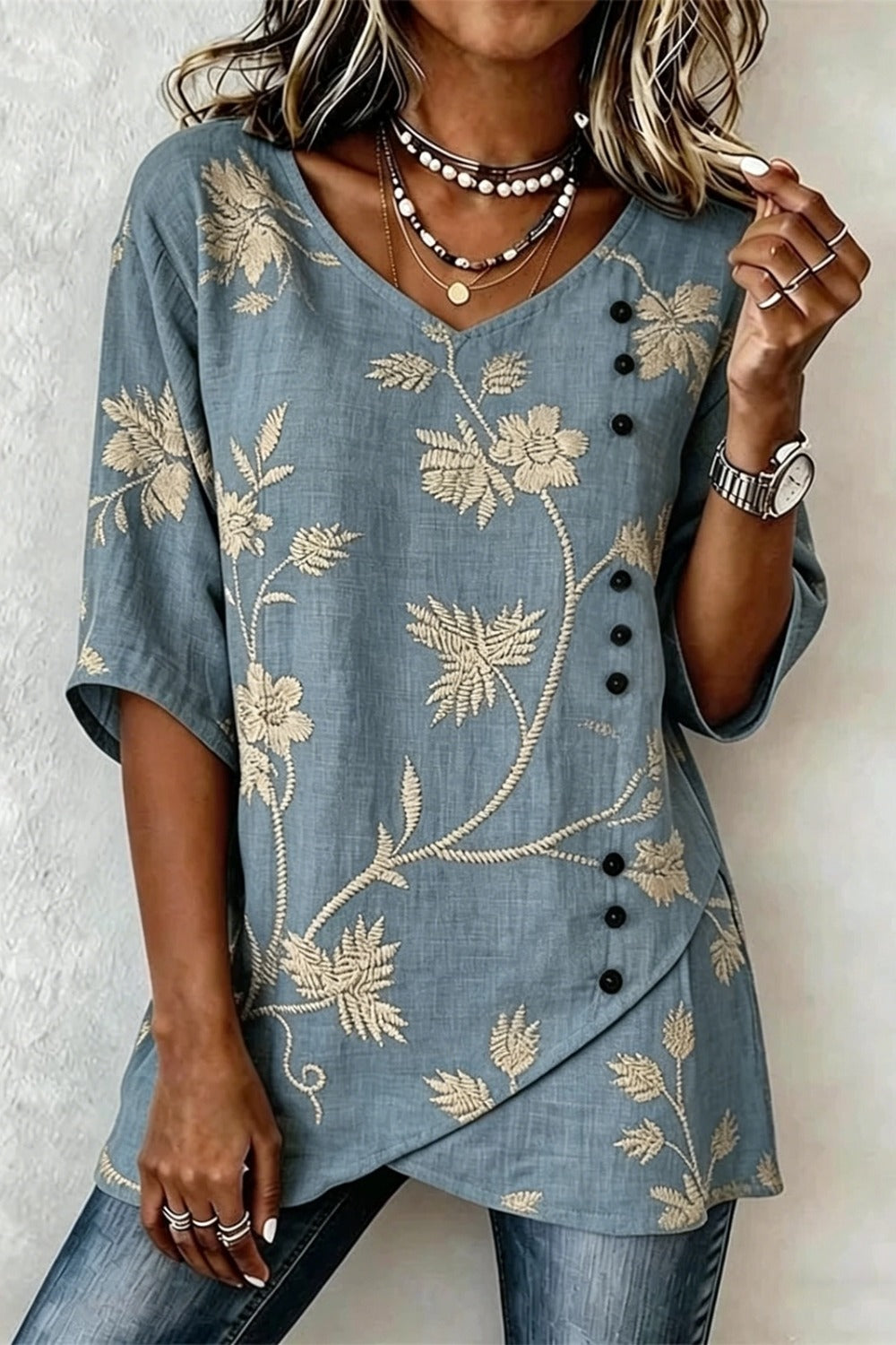 V Neck Short Sleeve Botanical Pattern Regular Loose Shirt For Women