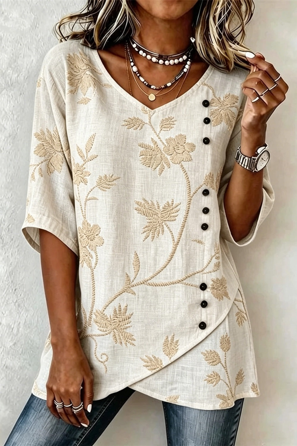 V Neck Short Sleeve Botanical Pattern Regular Loose Shirt For Women