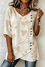 V Neck Short Sleeve Botanical Pattern Regular Loose Shirt For Women