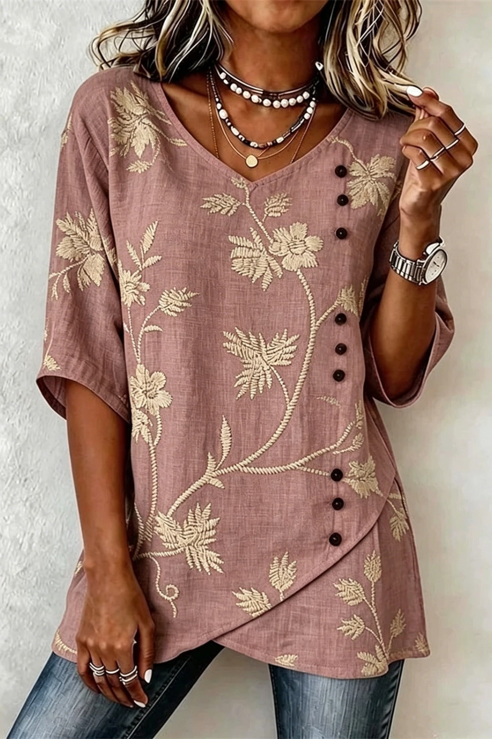 V Neck Short Sleeve Botanical Pattern Regular Loose Shirt For Women