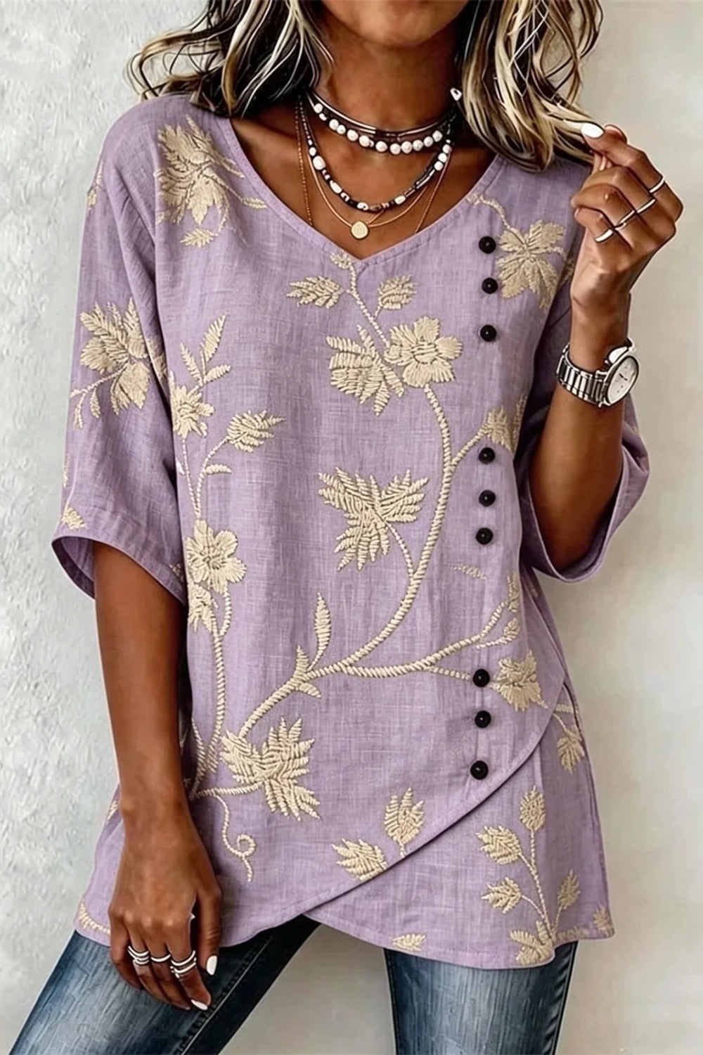 V Neck Short Sleeve Botanical Pattern Regular Loose Shirt For Women