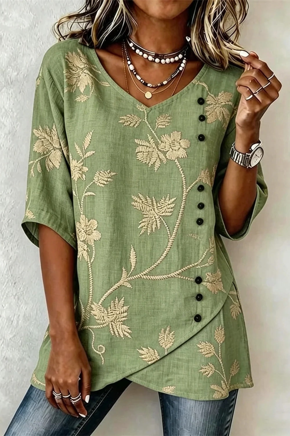 V Neck Short Sleeve Botanical Pattern Regular Loose Shirt For Women