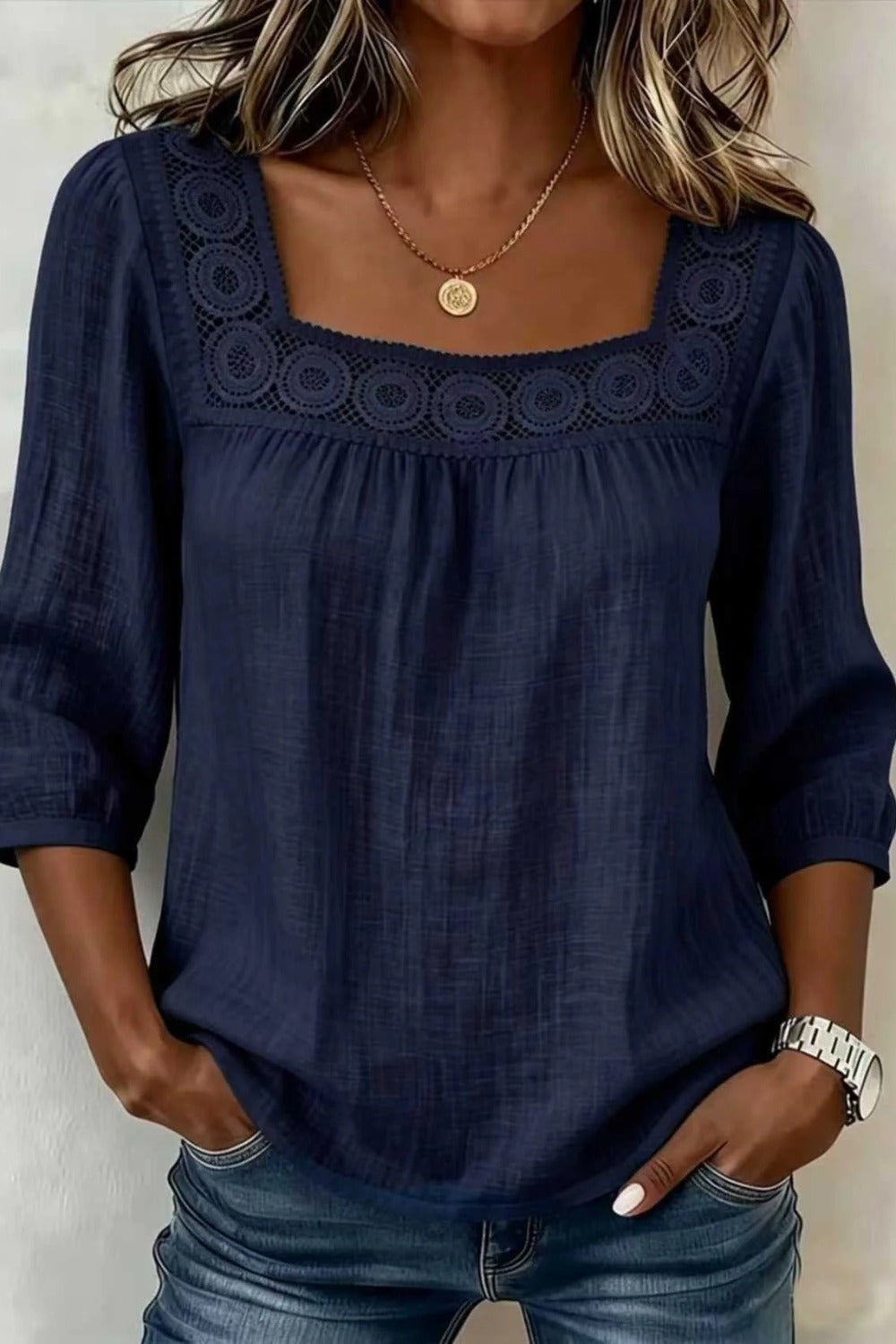 Square Neck Half Sleeve Plain Regular Loose Blouse For Women