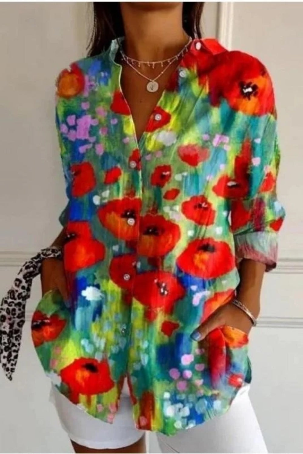 Women's Shirt Cotton Button Up Floral Geometric Basic Blouse Casual Long Sleeve Shirt