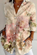 Women's Shirt Cotton Button Up Floral Geometric Basic Blouse Casual Long Sleeve Shirt