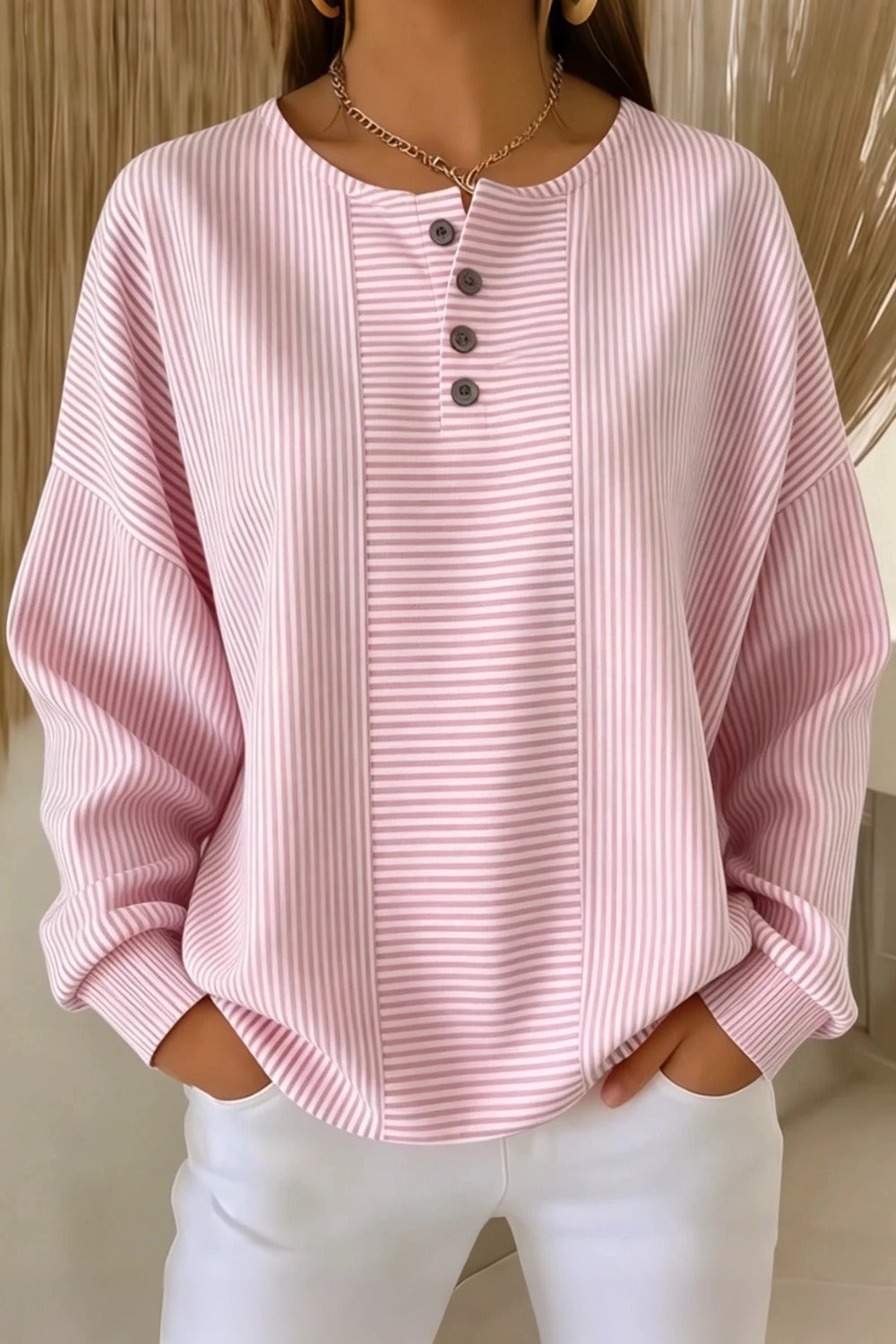 Casual Striped Printing Loose Cozy Waffle Sweatshirt