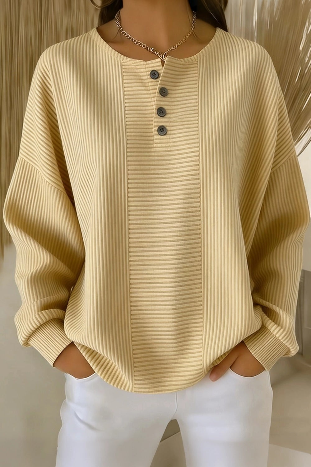 Casual Striped Printing Loose Cozy Waffle Sweatshirt