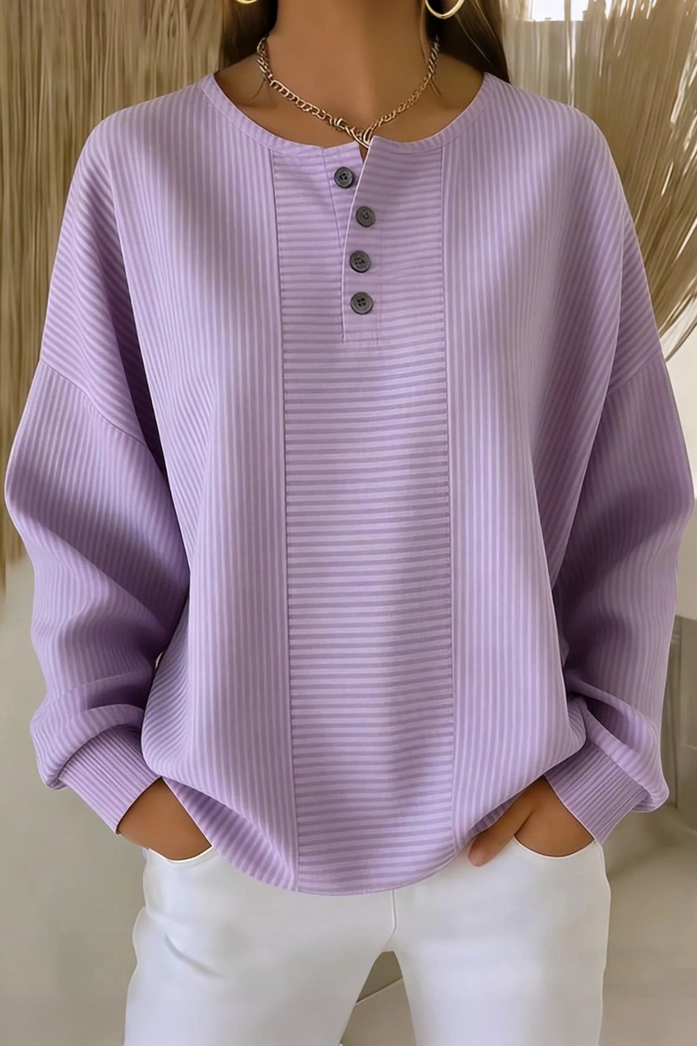 Casual Striped Printing Loose Cozy Waffle Sweatshirt